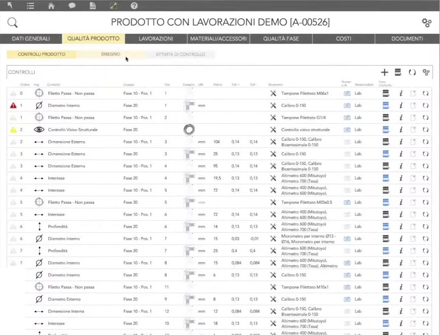 Scheda articolo in zProduction: elenco dei controlli qualità con quote, tolleranze e strumenti di misura