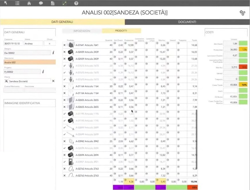Analisi di costificazione rapida in zProduction: elenco dei prodotti simili trovati con i costi per voce e la media