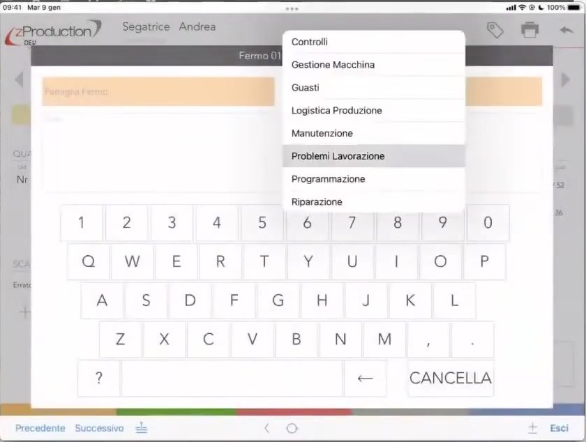 Registrazione di un fermo macchina da iPad in zProduction con l'elenco delle causali