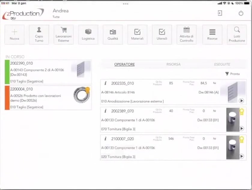 Schermata iPad di zProduction per l'operatore: attività in corso a sinistra e coda delle lavorazioni a destra