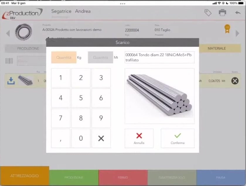 Scarico del materiale da iPad in zProduction con tastierino numerico