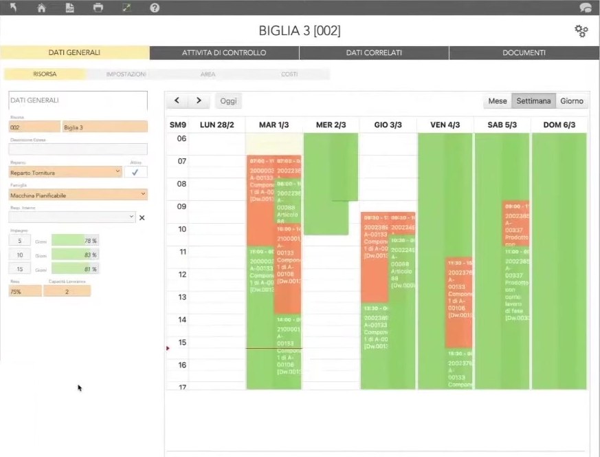 Scheda della risorsa Biglia 3 in zProduction con la saturazione e il calendario settimanale delle lavorazioni