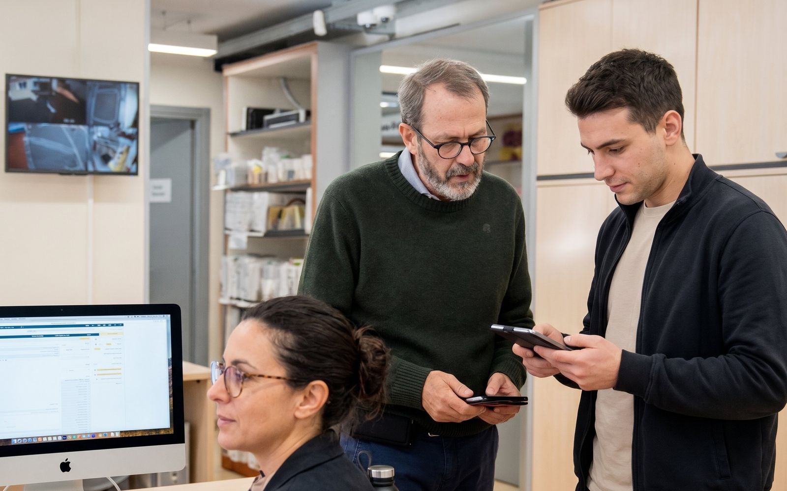 In ufficio, un responsabile e un tecnico consultano gli interventi su tablet e smartphone, mentre una collega lavora al computer