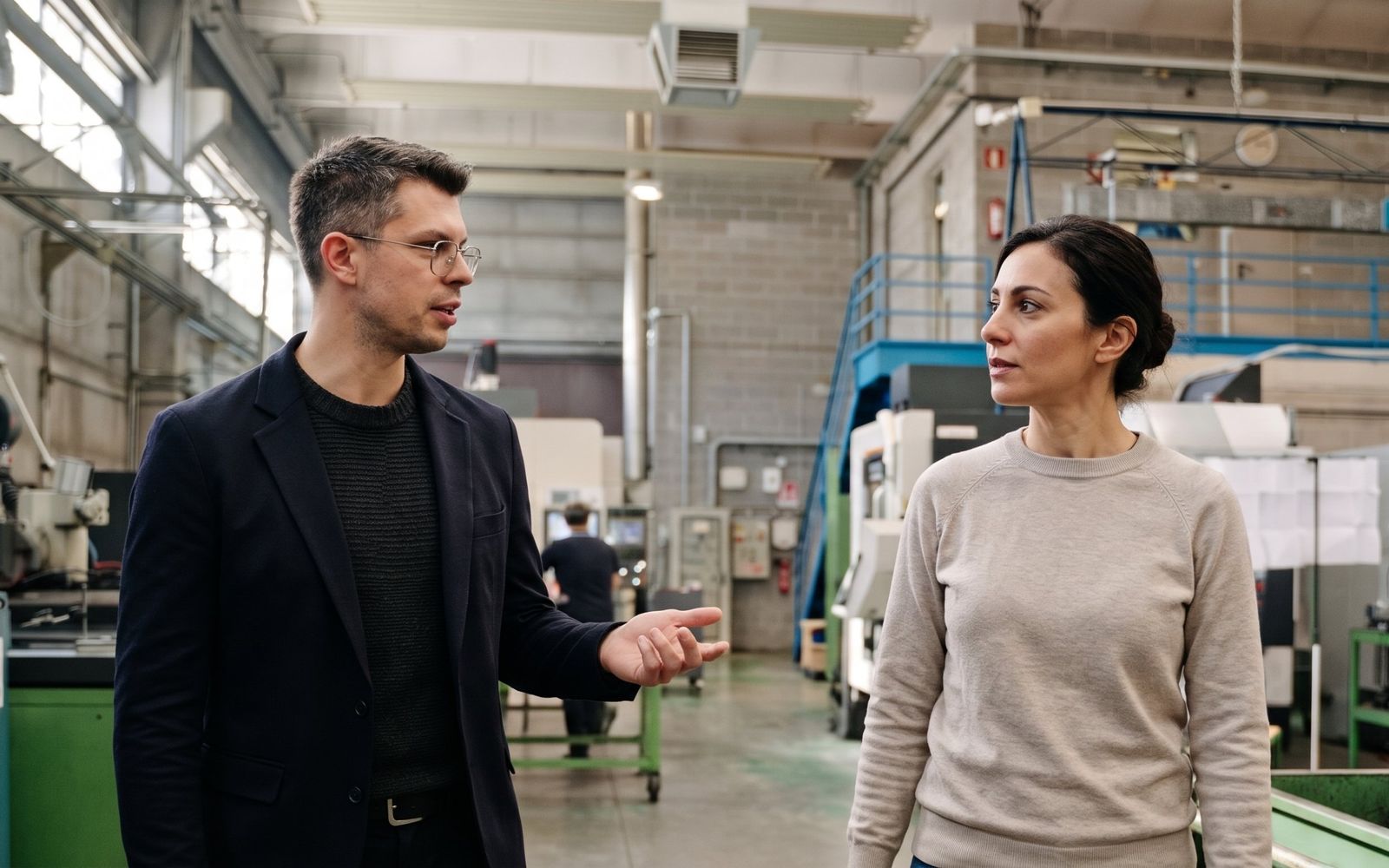In reparto, un uomo e una donna parlano camminando fra le macchine utensili dell'officina
