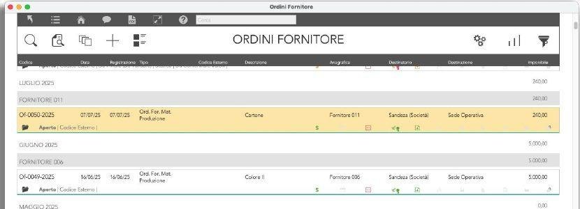 zProduction screen: list of supplier orders grouped by month and supplier