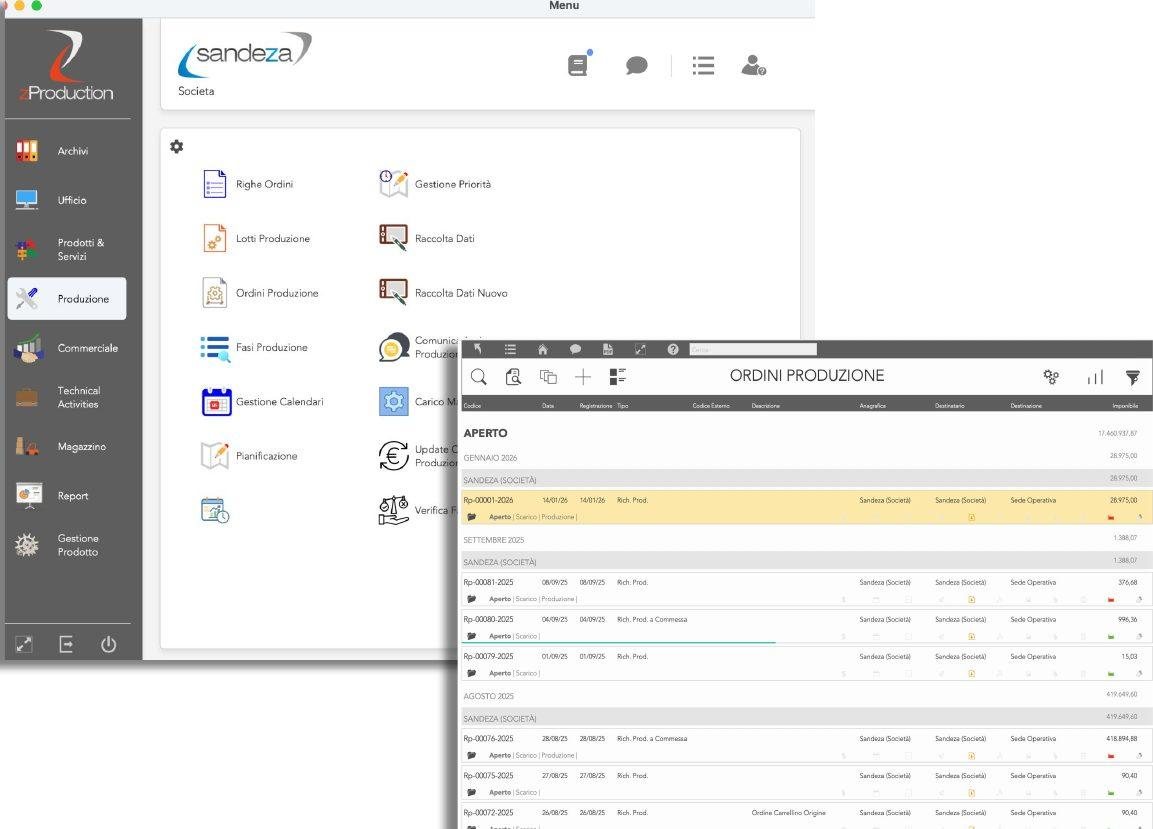 zProduction screen: production menu and list of production orders