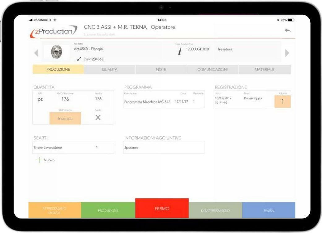 zProduction screen on iPad: the operator records quantities, scrap and downtime for the current step