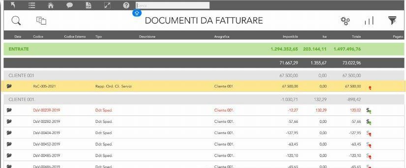 Écran de zService : documents à facturer regroupés par client, avec montant HT, TVA et total