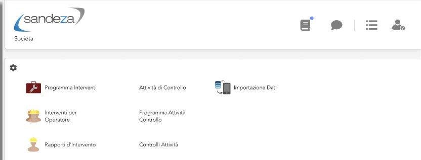 Schermata di zService: menu degli interventi tecnici, con programma, interventi per operatore, rapporti e attività di controllo