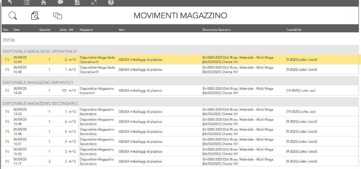 Schermata di zService: movimenti di magazzino con documento di origine e lotto di ogni carico